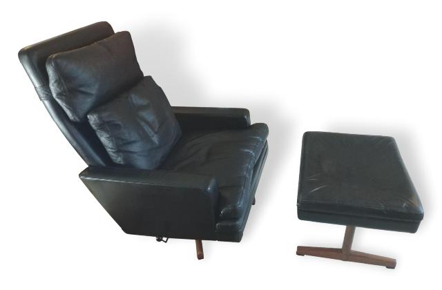Danish Modern Leather High Back Lounge Chair + Ottoman